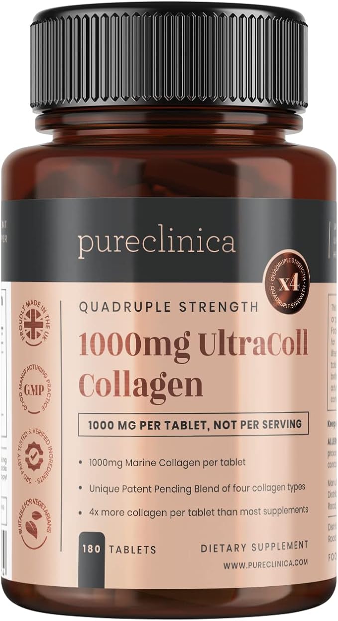 pureclinica UltraColl Marine Collagen 1000mg x 1080 Tablets (6 Bottles of 180 Tablets - 18 Months Supply). The only Patented Anti-Aging Collagen Types I, II, III, and VII.