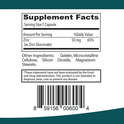 Zinc 50mg, Immune Support & Antioxidant Supplement 100 Capsules - Gluten Free and Non-GMO