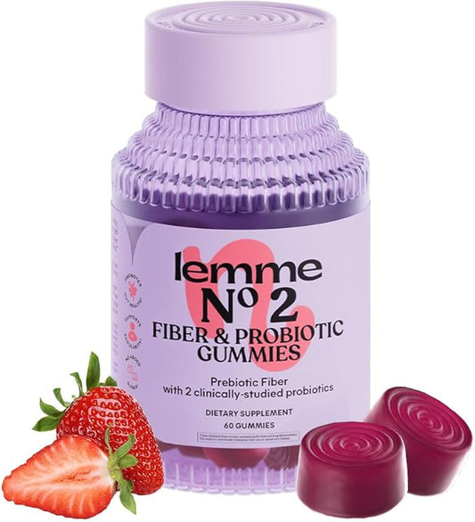 Lemme No. 2 Fiber & Probiotic Gummies for Adults, Promotes Regularity & Digestive Health, No Sugar Added Strawberry Flavor, 4g Prebiotic Fiber & Clinically Studied Probiotic Strains, (60 Count)