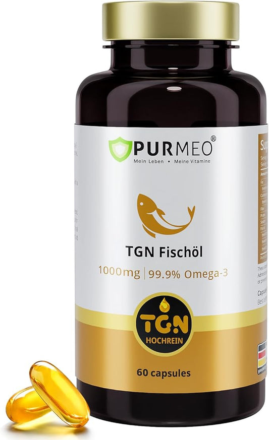 Non-Chemical TGN Fish Oil - 99.9% Purity, Max Absorption, Made in Germany - 1000 mg Omega 3 Supplement, 300 DHA 600 EPA Essential Fatty Acids for Eyes, Brain & Heart Health, 60 Days Supply