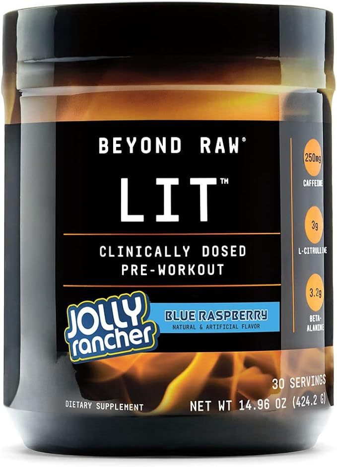BEYOND RAW LIT Pre Workout Powder Supplement, Jolly Rancher Blue Raspberry, Energy, Focus, Endurance, Pumps, Nitric Oxide Boost, 250mg Caffeine, Creatine, Beta Alanine, 30 Servings