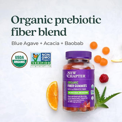 New Chapter Organic Fiber Gummies for Adults & Kids (Age 4+), Plant-Based Prebiotic Fiber for Digestive Health, Vegan, Non-GMO, USDA Organic, Gluten Free, Citrus-Berry Flavored, 60 ct