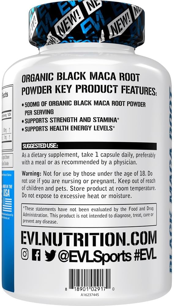 Evlution Nutrition Black Maca Root - Energy Support - 500mg Organic Black Maca Root Powder - Workout Supplement - Vegetarian Capsules - for Strength Performance & Stamina - 60 Servings