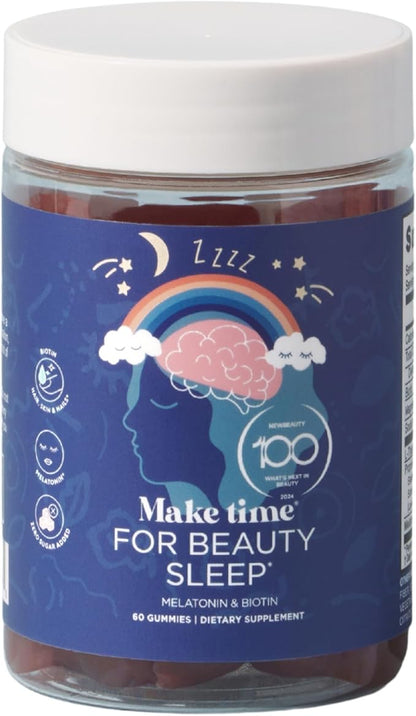 MAKE TIME Beauty Sleep Gummies – 5mg of Melatonin & Biotin Supplement for Restful Sleep, Relaxation & Healthy Hair, Skin & Nails – Sugar-Free Formula with L-Theanine and Magnesium (60 Gummies)
