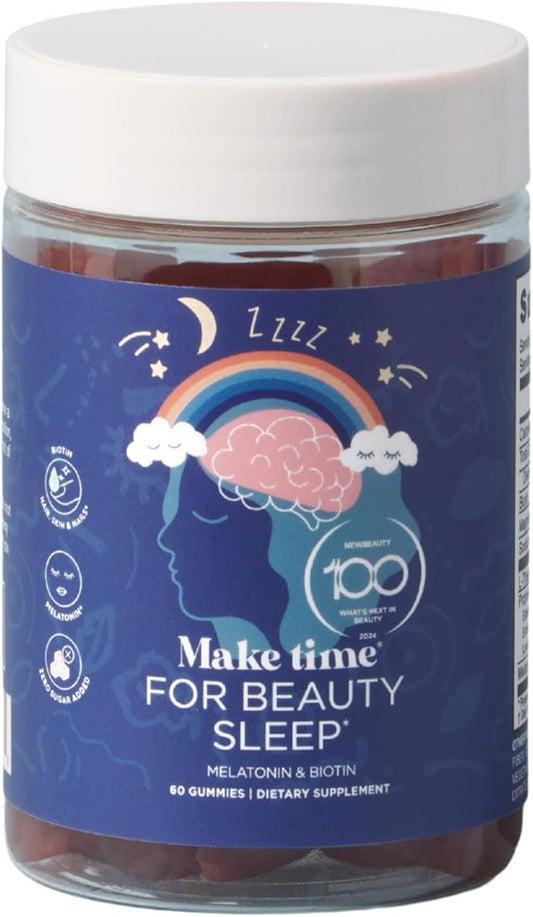 MAKE TIME Beauty Sleep Gummies – 5mg of Melatonin & Biotin Supplement for Restful Sleep, Relaxation & Healthy Hair, Skin & Nails – Sugar-Free Formula with L-Theanine and Magnesium (60 Gummies)