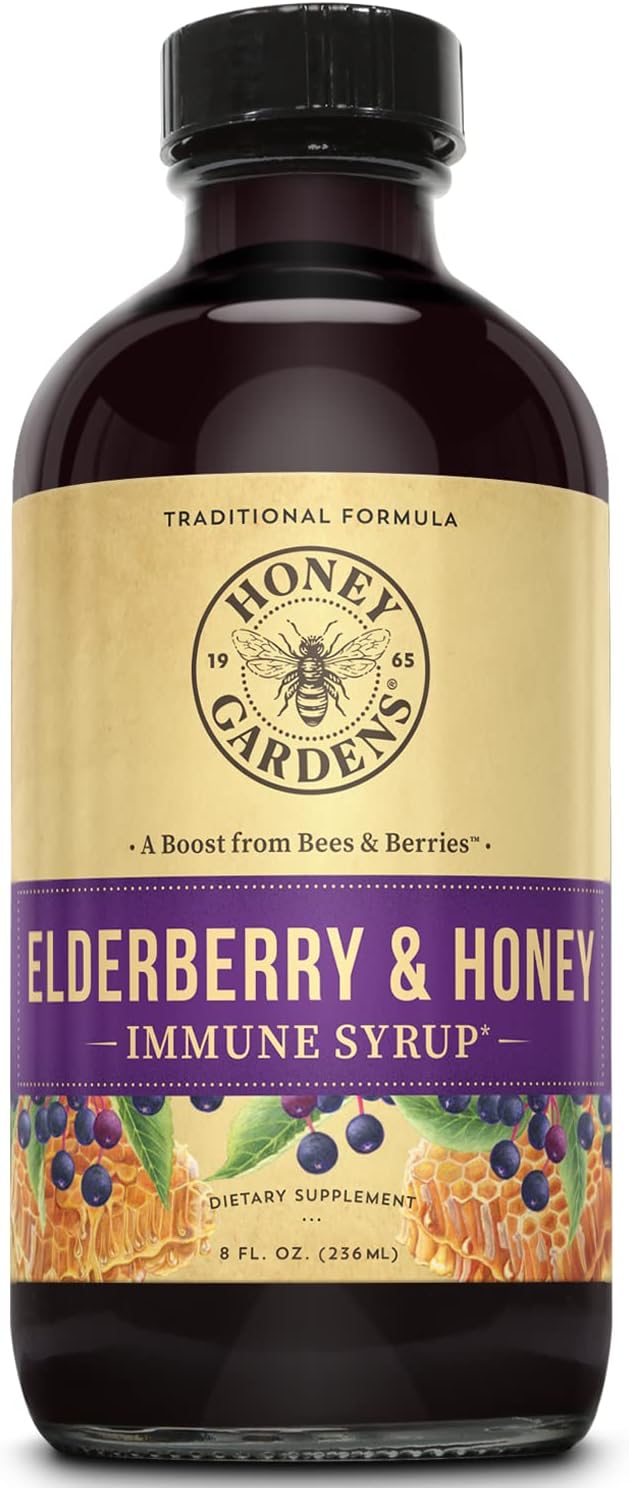 Honey Gardens Elderberry & Honey Immune Syrup - Black Elderberry Syrup for Adults & Kids, Natural Throat Defense Wellness Supplement with Propolis & Organic Apple Cider Vinegar - 8 Fl Oz