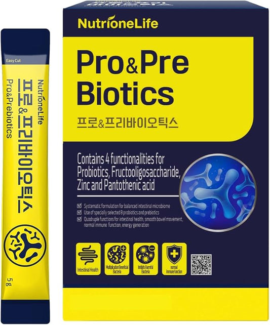 Pre&Pro Biotics, 1Billion CFU, Powder Type Korea Probiotics, Multi-Strain Probiotic Blend, Supports Digestive Wellness, Contains Zinc and Pantothenic Acid