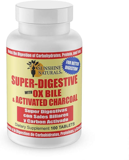 Super Digestive Supplement. Ox Bile & Activated Charcoal for Digestive Support, Bloating Relief, Gut Cleanse, Nutrient Absorption, and Overall Wellness. 100 Tablets. Pack of 3