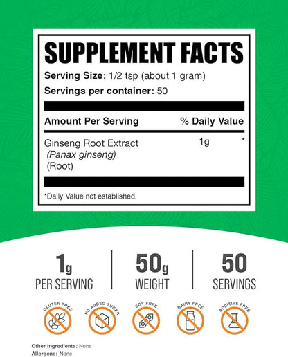 BulkSupplements.com Ginseng Root Extract Powder - Panax Ginseng Supplement, Herbal Supplement - Vegan & Gluten Free, 1g per Serving, 50g (1.76 oz) (Pack of 1)