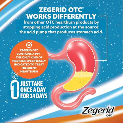 Zegerid OTC 24-Hour Heartburn Relief, The Only Proton Pump Inhibitor with Omeprazole 20mg + Sodium Bicarbonate, Treats Frequent Heartburn, 14ct Capsules