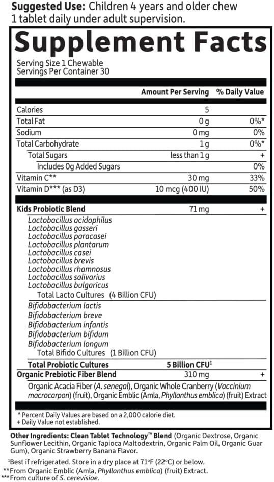 Garden of Life Dr. Formulated Probiotics Organic Kids+ Plus Vitamin C & D - Strawberry Banana., 5 Billion CFU Gluten Dairy & Soy Free Immune & Digestive Health Supplement, No Added Sugar, 30 Chewables
