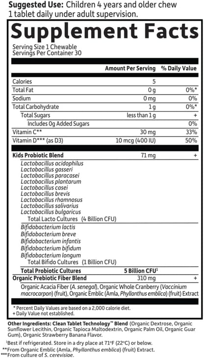 Garden of Life Dr. Formulated Probiotics Organic Kids+ Plus Vitamin C & D - Strawberry Banana., 5 Billion CFU Gluten Dairy & Soy Free Immune & Digestive Health Supplement, No Added Sugar, 30 Chewables