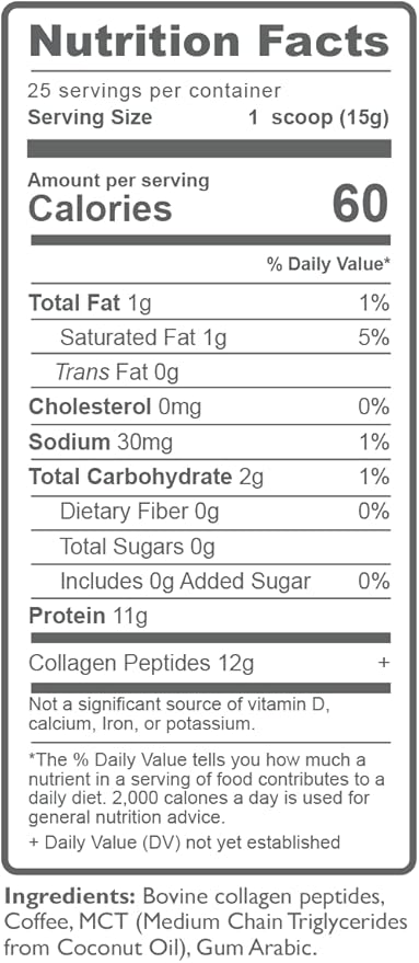 Peptide Protein Powder with Premium Columbian Coffee; Grass-Fed; Keto Friendly, MCT Coconut Oil Powder, Soy Free, Gluten Free, Sugar Free, 40mg Caffeine per Srving; 25 Servings; Original