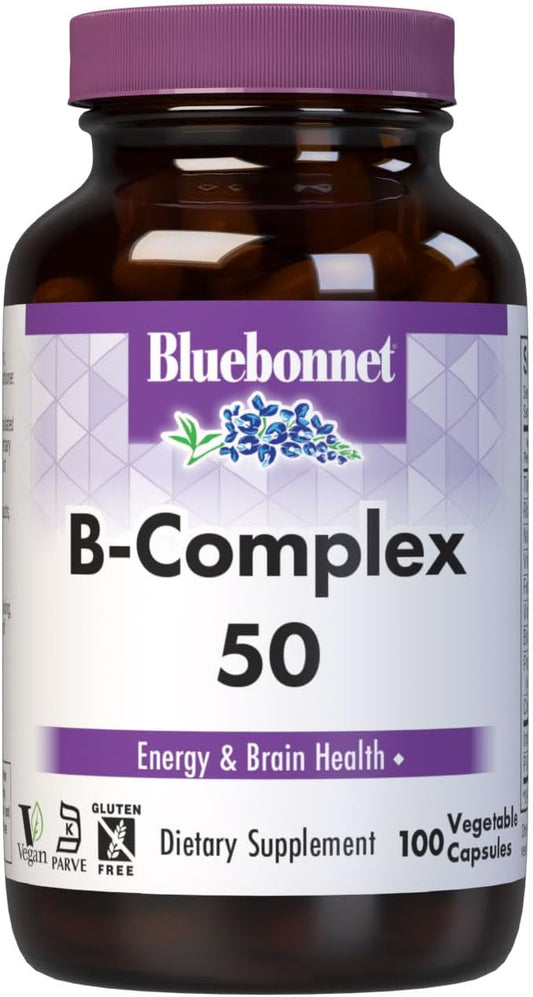 Bluebonnet Vitamin B Complex Full Spectrum B Vitamins - Energy Support - Complete Vit B Inositol Biotin Riboflavin Folate as Folic Acid Choline B6 & B12 - Vegan, Gluten-Free - 100 Vegetable Capsules