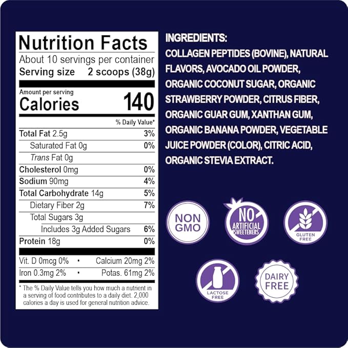 Enchant Collagen Shake powder, Strawberry Banana flavor, 20g Grass Fed Collagen Peptides, blended with Avocado Oil Creamer, source of Omega9 Fats+Fiber, Promotes Hair, Skin,Bone & Joint Health,0.84 lb
