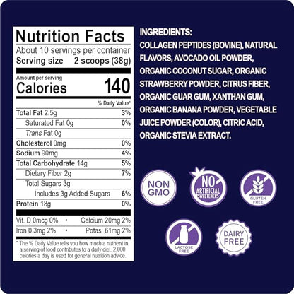 Enchant Collagen Shake powder, Strawberry Banana flavor, 20g Grass Fed Collagen Peptides, blended with Avocado Oil Creamer, source of Omega9 Fats+Fiber, Promotes Hair, Skin,Bone & Joint Health,0.84 lb