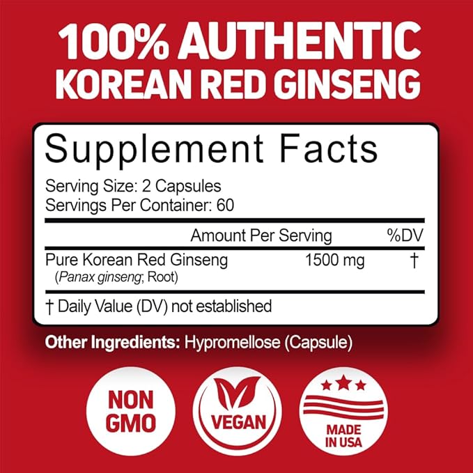 Herbtonics Korean Red Panax Ginseng 1500mg - Energy Supplement for Peak Performance, Focus & Vitality - High Potency Ginseng Root Extract - 240 Vegan Capsules