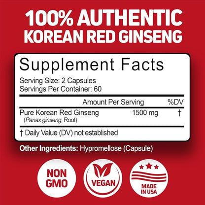 Herbtonics Korean Red Panax Ginseng 1500mg - Energy Supplement for Peak Performance, Focus & Vitality - High Potency Ginseng Root Extract - 240 Vegan Capsules