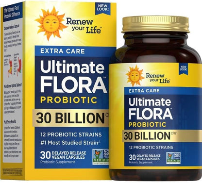 Ultimate Flora Probiotics 30 Billion CFU Delayed Release Vegan Capsules | Extra Care | Digestive Health | Immune Health | Dairy Free | 30 Count
