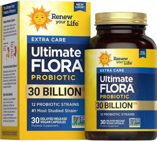 Ultimate Flora Probiotics 30 Billion CFU Delayed Release Vegan Capsules | Extra Care | Digestive Health | Immune Health | Dairy Free | 30 Count
