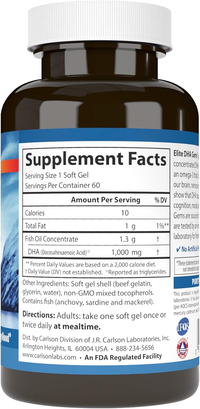 Carlson - Elite DHA Gems, 1000 mg DHA, Wild Caught, Sustainably Sourced, Brain Function & Healthy Vision, 60 Softgels