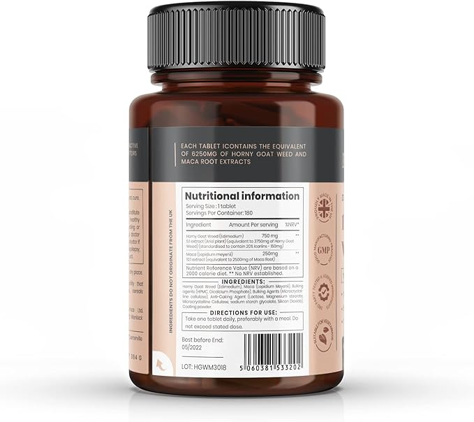 pureclinica 10X Strength Horny Goat Weed & Maca Extract 6250mg x 360 Tablets (2 Bottles of 180) - 1 Years Supply