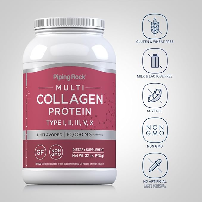 Piping Rock Multi Collagen Protein Powder | 32oz | Supplement for Women and Men | Types I, II, III, V, X | Unflavored | Non-GMO, Gluten Free