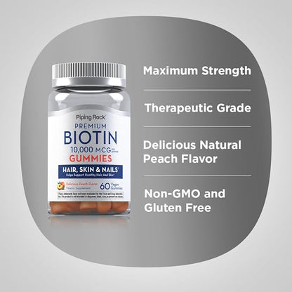Piping Rock Biotin 10000mcg Gummies | 60 Count | Hair Skin and Nails | Vegan Formula | Peach Flavor | Premium Vitamin Supplement | Non-GMO, Gluten Free