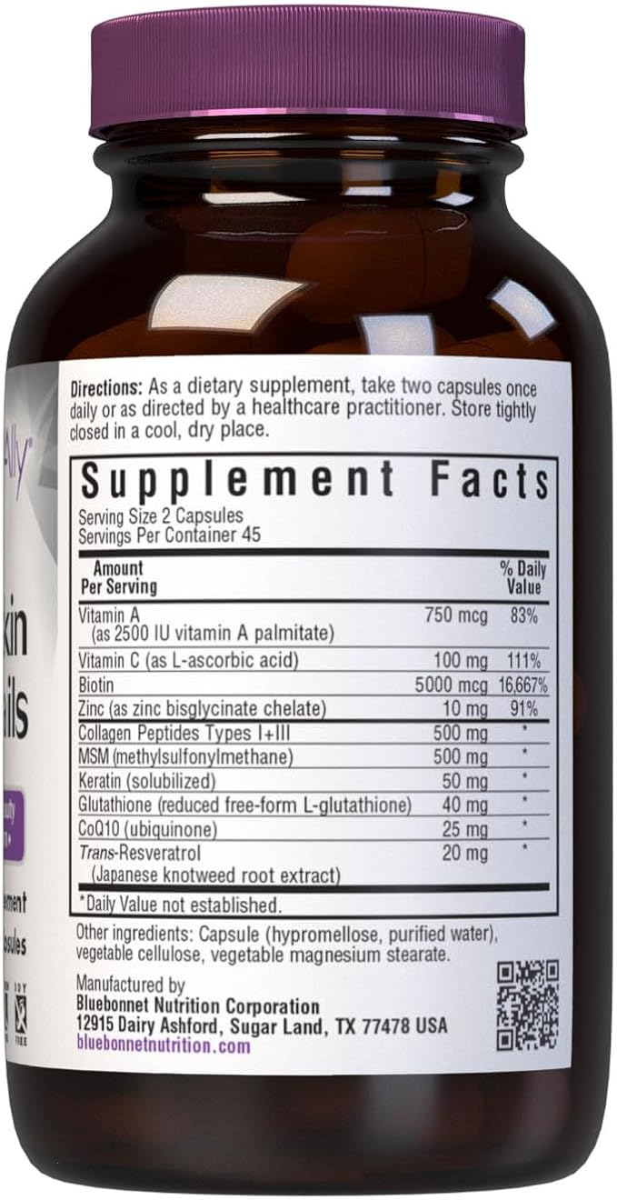 BlueBonnet Nutrition Beautiful Ally Hair, Skin & Nails, Hydrolyzed Collagen from Grass Fed Cows, Collagen Peptides Type 1 & 3, Non GMO, Gluten Free, Soy Free, Milk Free, 90 Vegetable Capsules