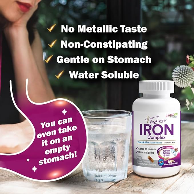 LABO Nutrition Femme Iron Endosomal SunActive, Non-Irritating 15mg Iron Supplement for Blood Builder, Vegan, Gentle, No Metallic Aftertaste, Non Constipating, Ideal for Sensitive Stomachs, 90 Count