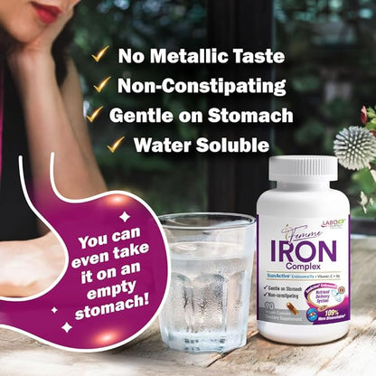 LABO Nutrition Femme Iron Endosomal SunActive, Non-Irritating 15mg Iron Supplement for Blood Builder, Vegan, Gentle, No Metallic Aftertaste, Non Constipating, Ideal for Sensitive Stomachs, 90 Count