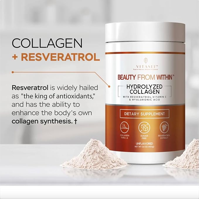 Hydrolyzed Collagen Peptides Powder with Vitamin C & Resveratrol - Hair, Skin and Nails Vitamins for Women & Men - Bone and Joint Supplement - Unflavored - 16 oz