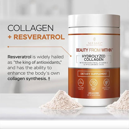 Hydrolyzed Collagen Peptides Powder with Vitamin C & Resveratrol - Hair, Skin and Nails Vitamins for Women & Men - Bone and Joint Supplement - Unflavored - 16 oz
