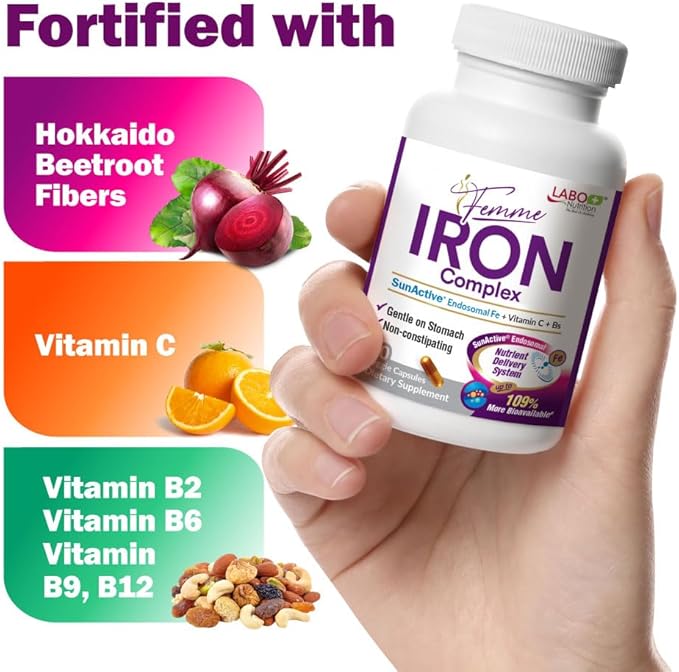 LABO Nutrition Femme Iron Endosomal SunActive, Non-Irritating 15mg Iron Supplement for Blood Builder, Vegan, Gentle, No Metallic Aftertaste, Non Constipating, Ideal for Sensitive Stomachs, 90 Count