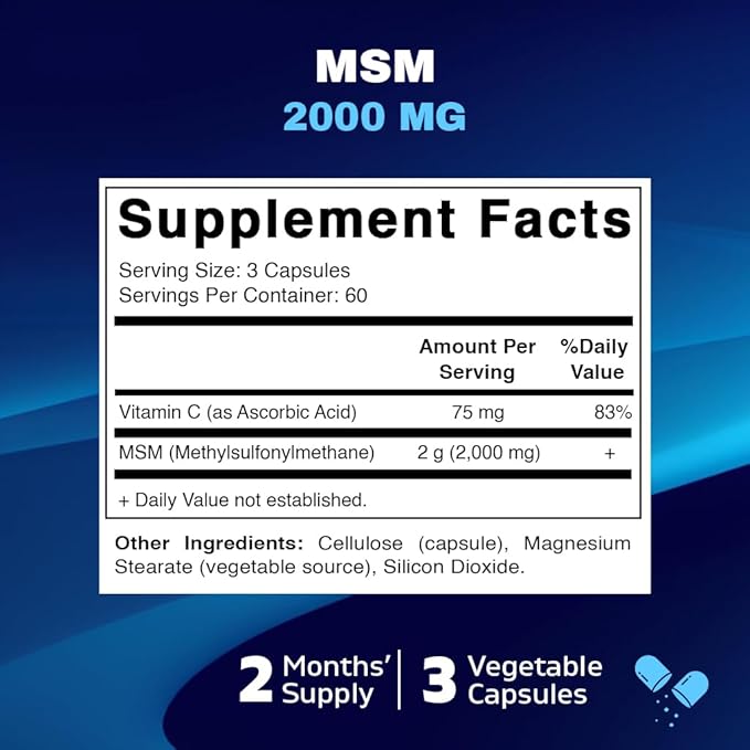 Vitamatic MSM 2000 mg with Vitamin C 75mg per Serving - 180 Veg Capsules - Vitamin C Aid in Better absopriton of MSM (Methylsulfonylmethane) - Non-GMO & Gluten Free