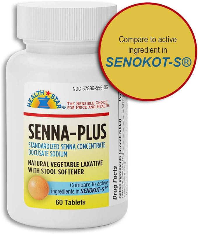 GeriCare Senna Plus Natural Vegetable Laxative with Stool Softener, Docusate Sodium 50mg, Sennosides 8.6mg 60 Count (Pack of 1)
