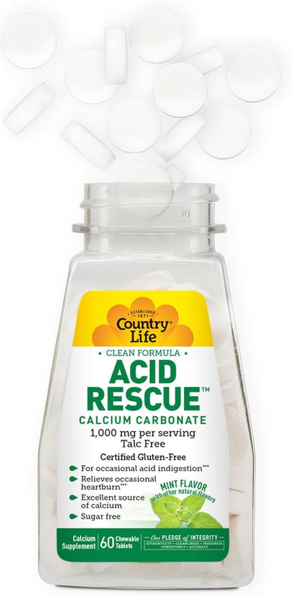 Country Life Acid Rescue Chewable Tablets - Certified Vegan & Gluten-Free Heartburn Relief, 400mg Calcium & Magnesium, Non-GMO, Sugar-Free Mint Flavor, Supports Bone Health, 60 Count