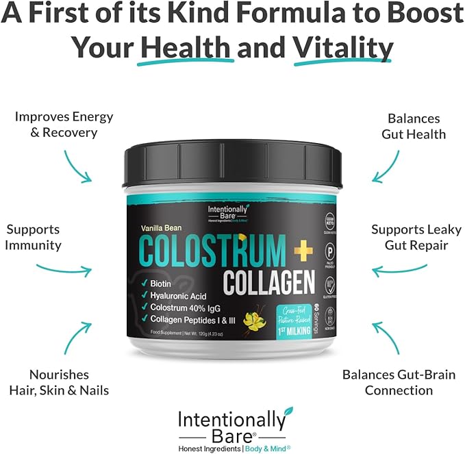 Intentionally Bare Colostrum and Collagen Powder - Colostrum Supplement with Biotin & Collagen Peptides - Colostrum Powder for Skin, Joint & Gut Health - Vanilla Bean Collagen Supplements 60 Servings