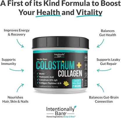 Intentionally Bare Colostrum and Collagen Powder - Colostrum Supplement with Biotin & Collagen Peptides - Colostrum Powder for Skin, Joint & Gut Health - Vanilla Bean Collagen Supplements 60 Servings