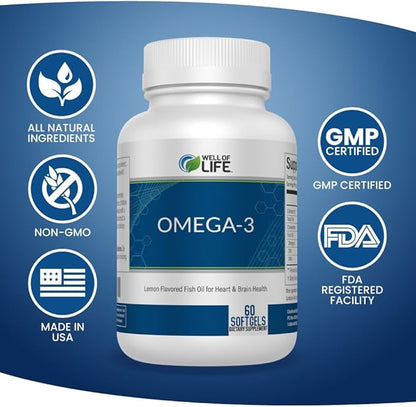 Well of Life Omega-3 Fish Oil – 60 Softgels | High EPA & DHA for Heart and Brain Health | Non-GMO, Premium Fish Oil Supplement | Made in USA, GMP Certified