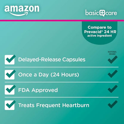 Amazon Basic Care Lansoprazole Delayed Release Capsules, 15 mg, Proton Pump Inhibitor, Acid Reducer, 24 Hour Heartburn Medicine, 42 Count Pack