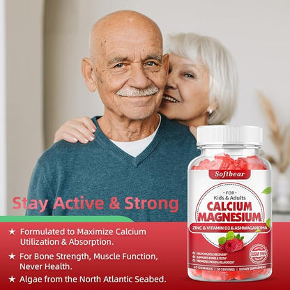 softbear Calcium Magnesium Zinc Gummies for Women, Calcium Magnesium Supplement High Absorption Calcium 600 mg with Vitamin D3 for Bone Strength Vegan Raspberry Flavor 60 Gummies