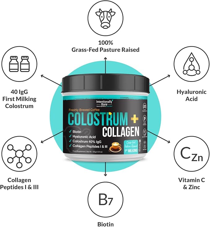 Intentionally Bare Colostrum and Collagen Powder - Colostrum Supplement with Biotin and Collagen Peptides - Colostrum Powder for Skin, Joint and Gut - Brewed Coffee Collagen Supplements 60 Servings