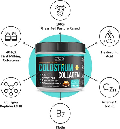 Intentionally Bare Colostrum and Collagen Powder - Colostrum Supplement with Biotin and Collagen Peptides - Colostrum Powder for Skin, Joint and Gut - Brewed Coffee Collagen Supplements 60 Servings