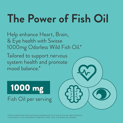 Swisse Wild Fish Oil Omega 3 Supplements for Women and Men 1000 mg Softgels | EPA DHA Fish Oil Supplements | Odorless - Helps Support Brain, Eye and Heart Health | 400 Softgel Pills