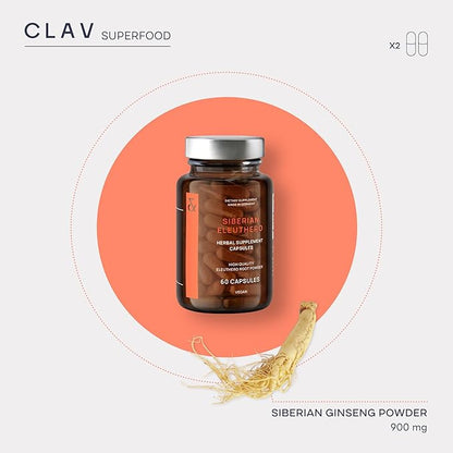 CLAV® Siberian Ginseng - 900mg Eleuthero Root Powder - Energy Supplement - Reduction of Tiredness & Fatigue - 60 Ginseng Capsules - Made in Germany