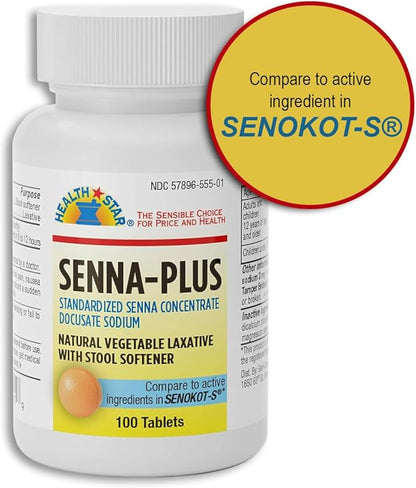 GeriCare Senna Plus Natural Vegetable Laxative with Stool Softener, Docusate Sodium 50mg, Sennosides 8.6mg 100 Count (Pack of 1)