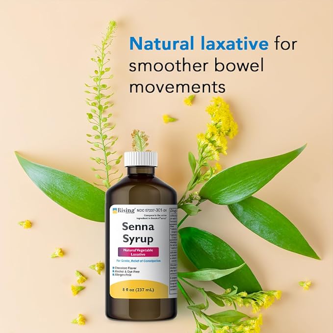 Rising Health Natural Vegetable Laxative - Senna Sennosides Syrup 8.8mg/5ml - Constipation Relief - Chocolate Flavor - Compared to Senokot® Syrup