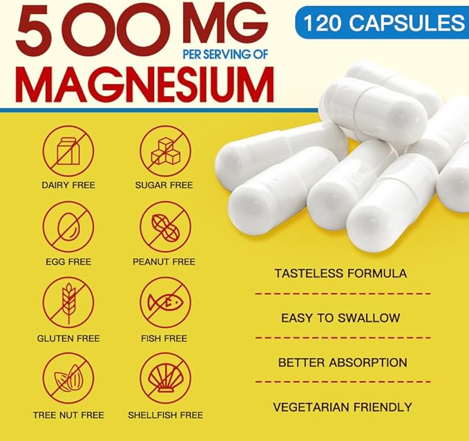10-in-1 Magnesium Complex Supplement, Magnesium Glycinate 500mg with Citrate & Malate, Chelated High Absorption Plus Vitamin D3 & Zinc - for Nerve, Muscle & Bone Support - 120 Capsules