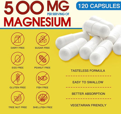 10-in-1 Magnesium Complex Supplement, Magnesium Glycinate 500mg with Citrate & Malate, Chelated High Absorption Plus Vitamin D3 & Zinc - for Nerve, Muscle & Bone Support - 120 Capsules